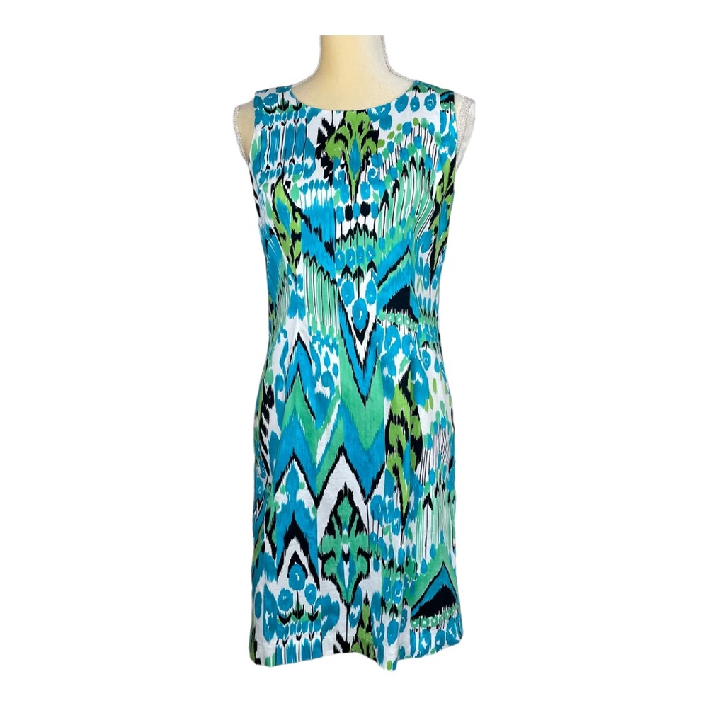 JW Treci‎ Blue Green Ikat Sheath Dress Sleeveless Cotton Size 4